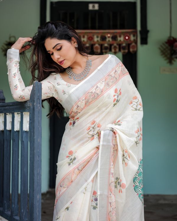 Ivory Linen Cotton Saree with Floral Border & Pallu