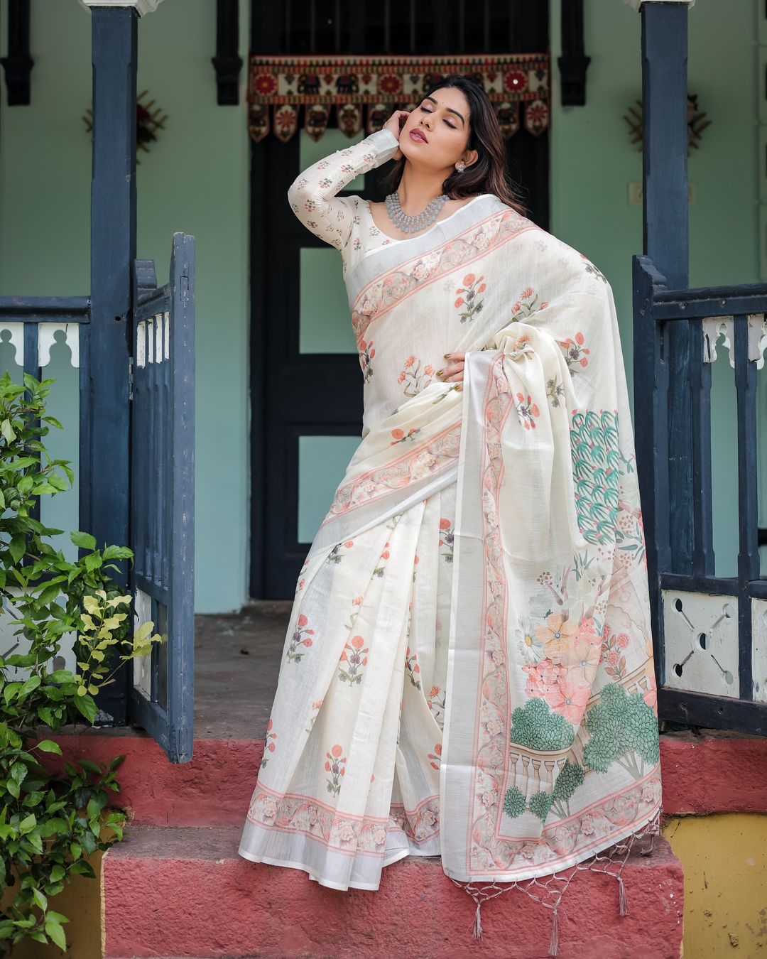 Ivory Linen Cotton Saree with Floral Border & Pallu