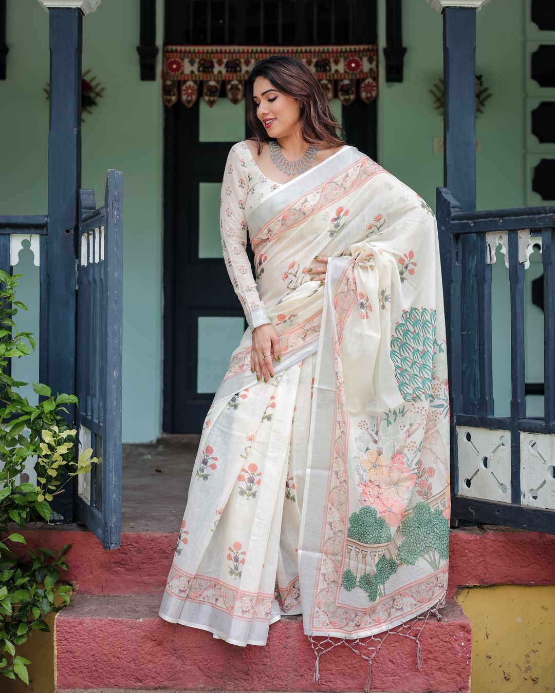 Ivory Linen Cotton Saree with Floral Border & Pallu