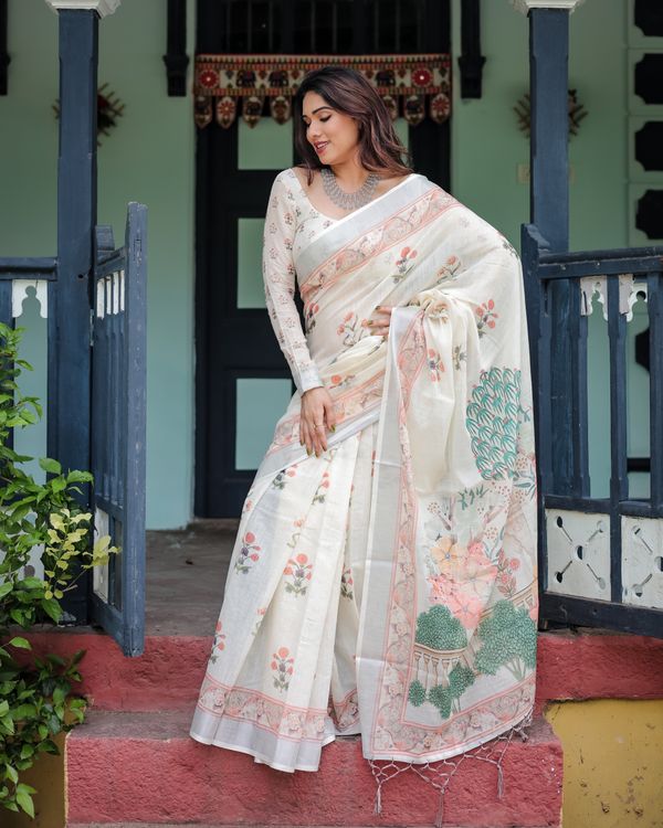 Ivory Linen Cotton Saree with Floral Border & Pallu