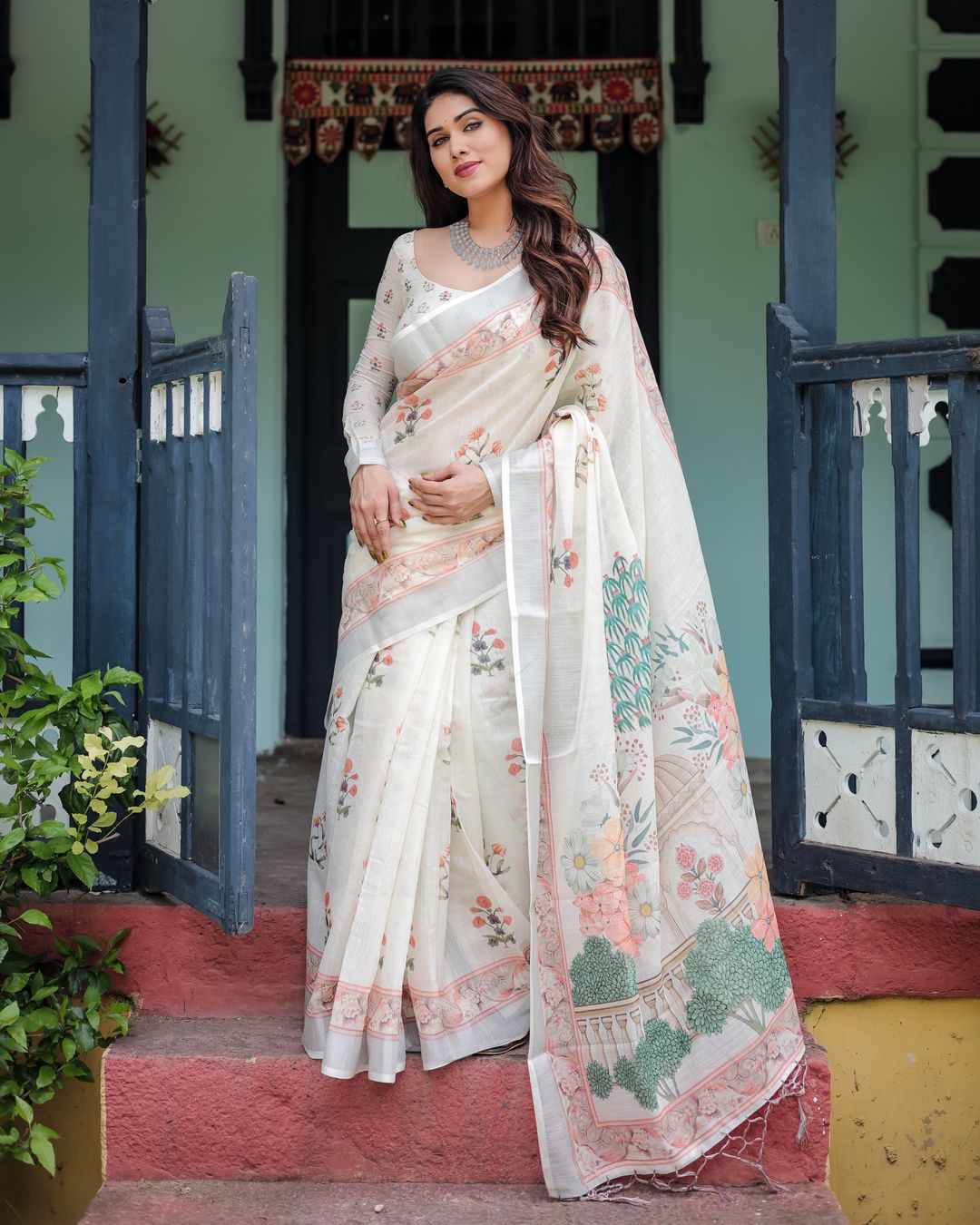 Ivory Linen Cotton Saree with Floral Border & Pallu