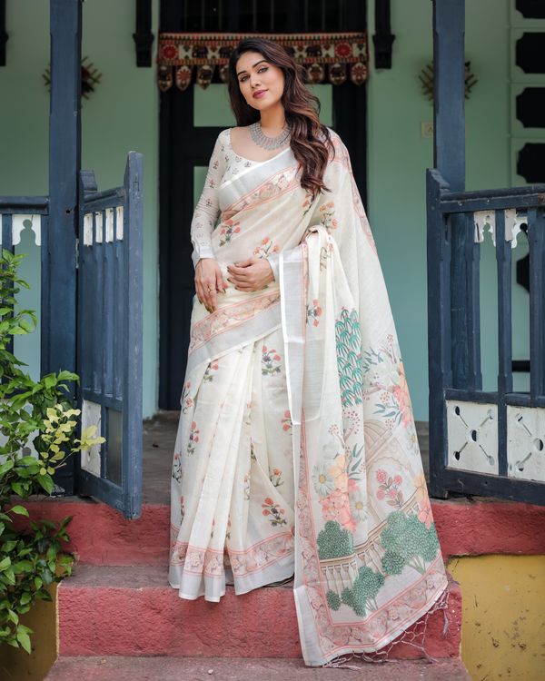 Ivory Linen Cotton Saree with Floral Border & Pallu
