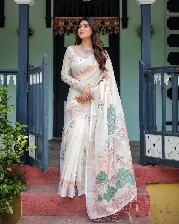 Ivory Linen Cotton Saree with Floral Border & Pallu