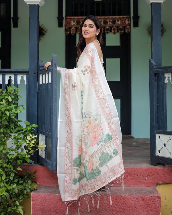 Ivory Linen Cotton Saree with Floral Border & Pallu