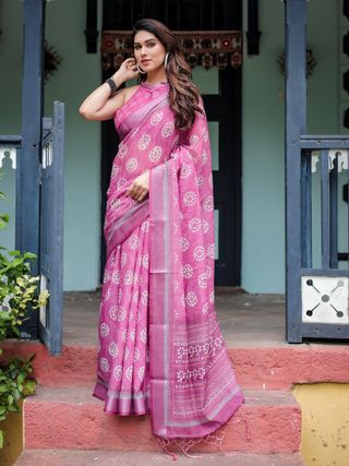 Pink Linen Cotton Saree with Floral Print Border Online