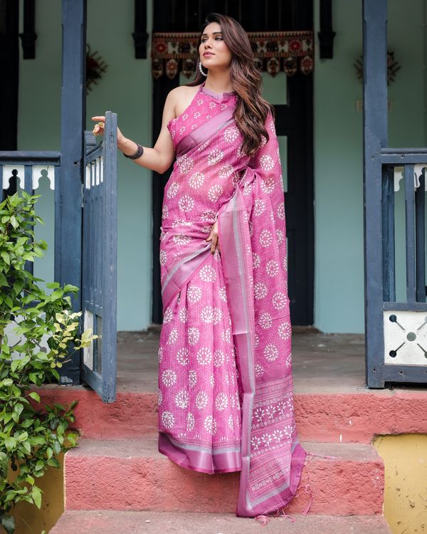 Pink Linen Cotton Saree with Floral Print Border Online