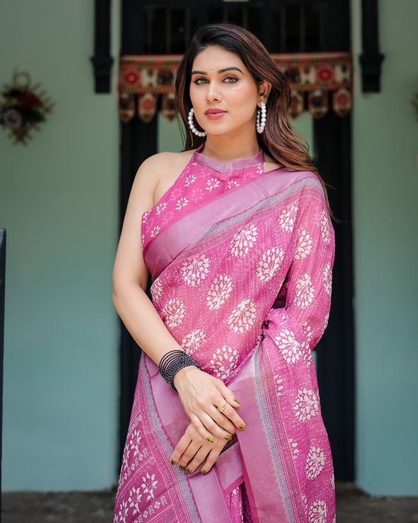 Pink Linen Cotton Saree with Floral Print Border Online