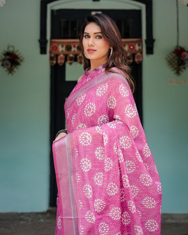 Pink Linen Cotton Saree with Floral Print Border Online
