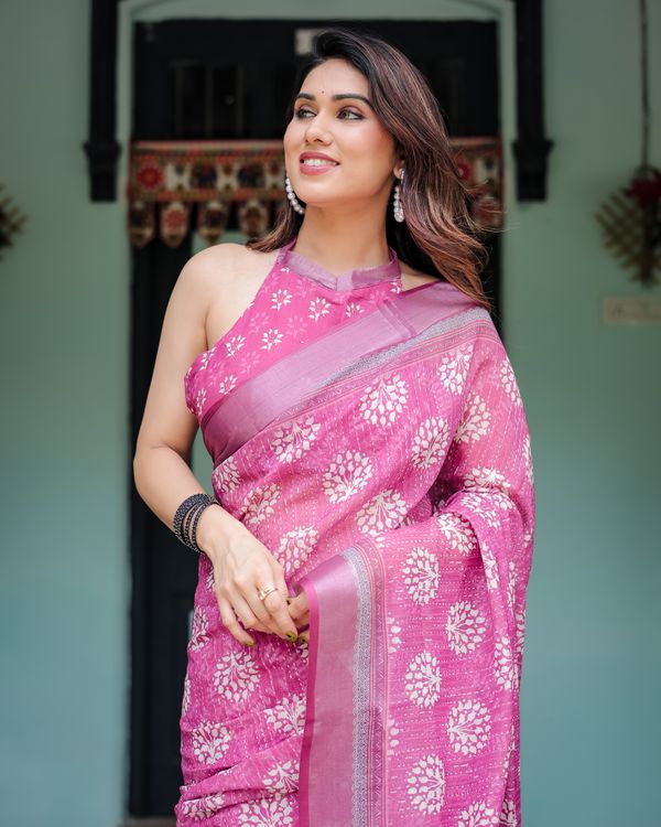 Pink Linen Cotton Saree with Floral Print Border Online
