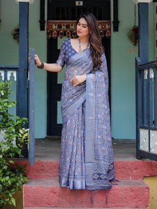 Blue Floral Printed Linen Cotton Saree for Women Online