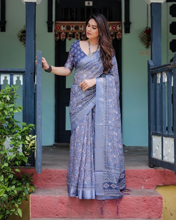 Blue Floral Printed Linen Cotton Saree for Women Online