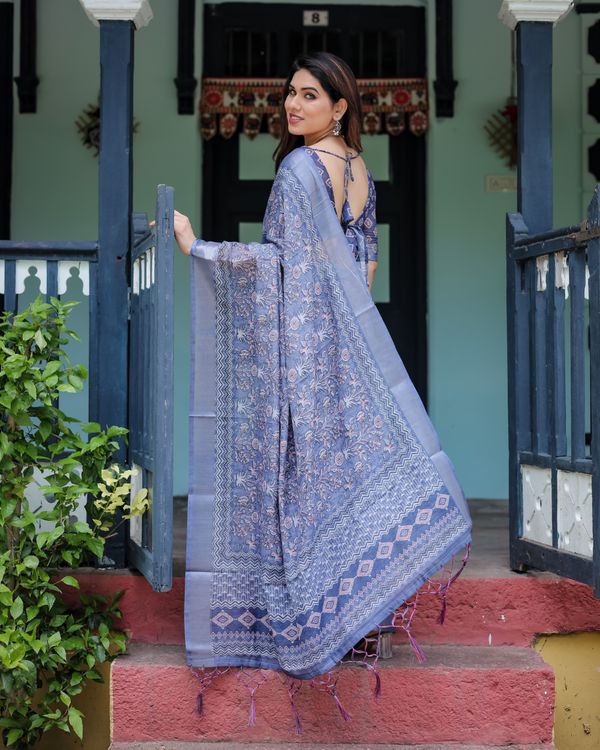Blue Floral Printed Linen Cotton Saree for Women Online