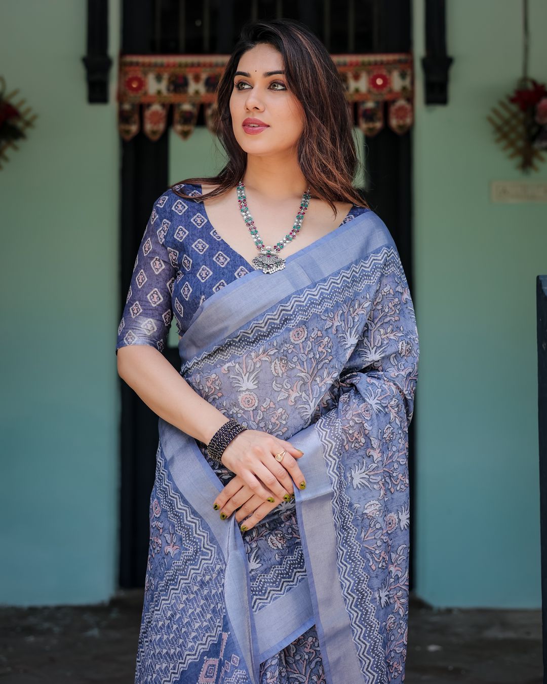 Blue Floral Printed Linen Cotton Saree for Women Online