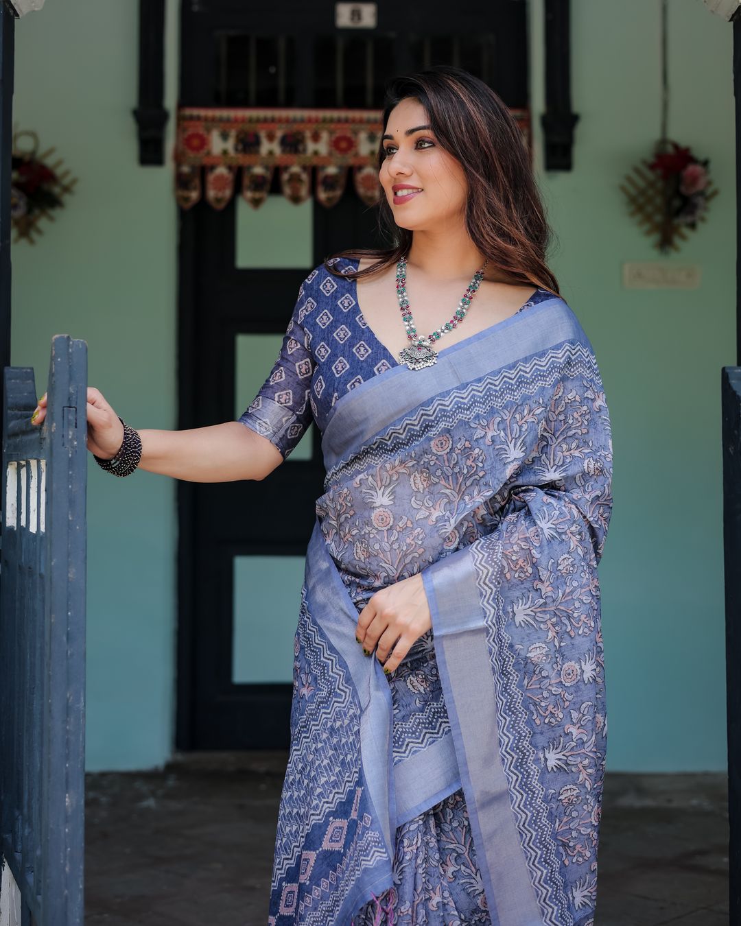 Blue Floral Printed Linen Cotton Saree for Women Online