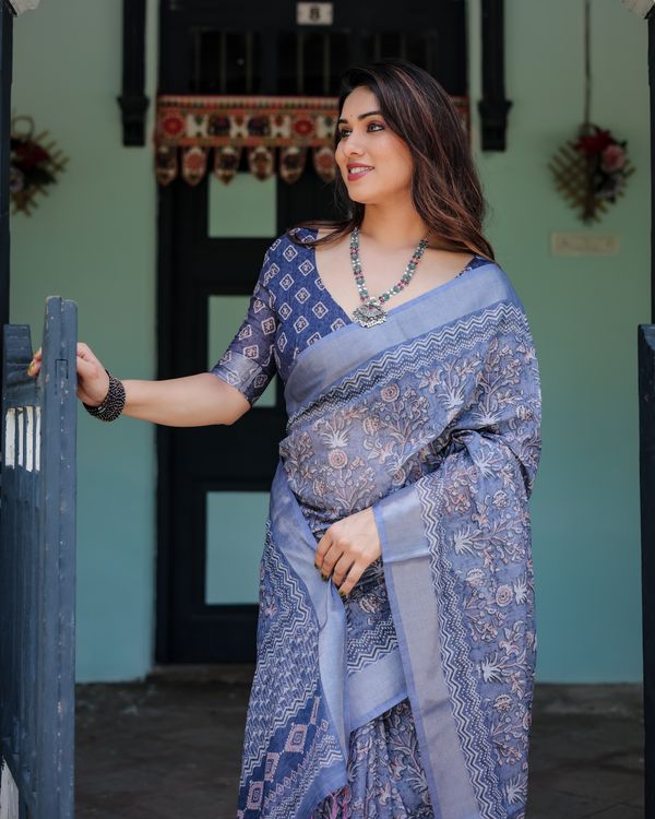 Blue Floral Printed Linen Cotton Saree for Women Online