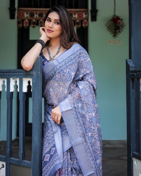 Blue Floral Printed Linen Cotton Saree for Women Online