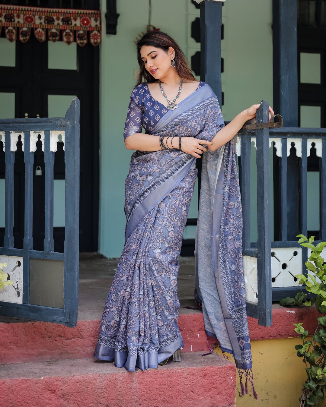 Blue Floral Printed Linen Cotton Saree for Women Online