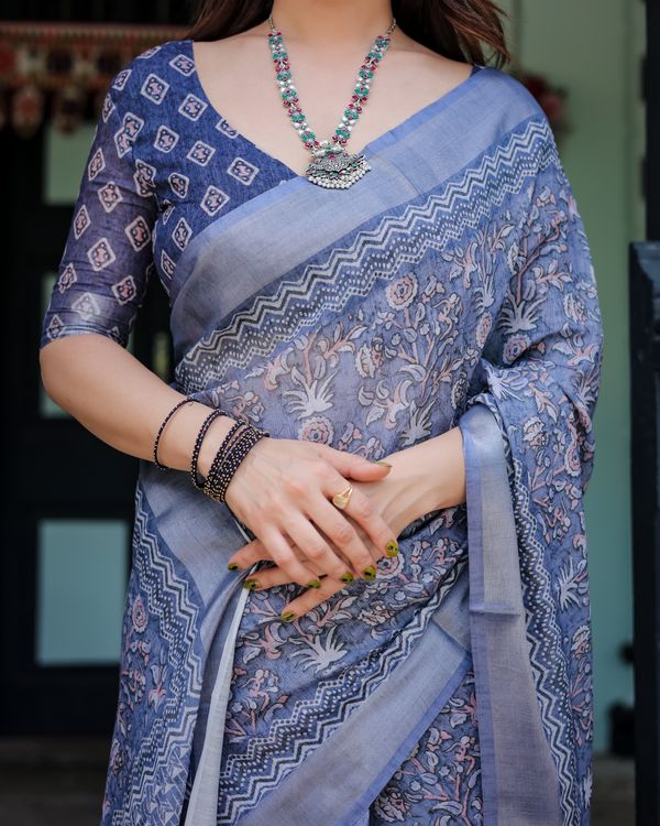 Blue Floral Printed Linen Cotton Saree for Women Online