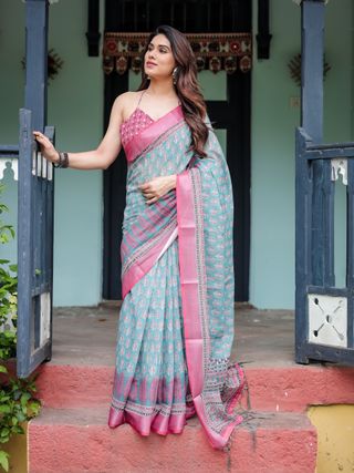Shop Aqua Blue Floral Linen Cotton Saree with Printed Pallu