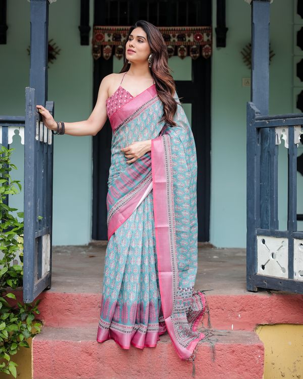 Shop Aqua Blue Floral Linen Cotton Saree with Printed Pallu