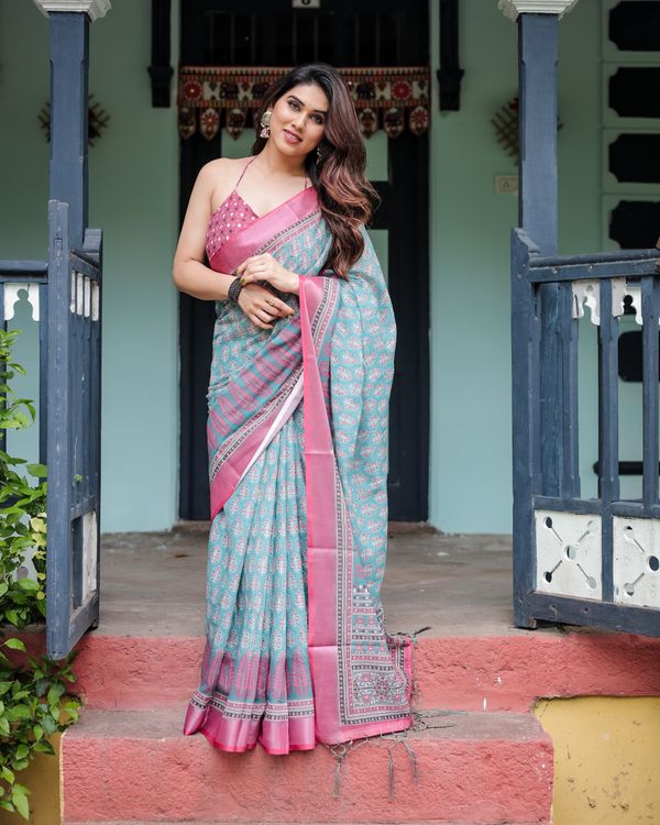 Shop Aqua Blue Floral Linen Cotton Saree with Printed Pallu