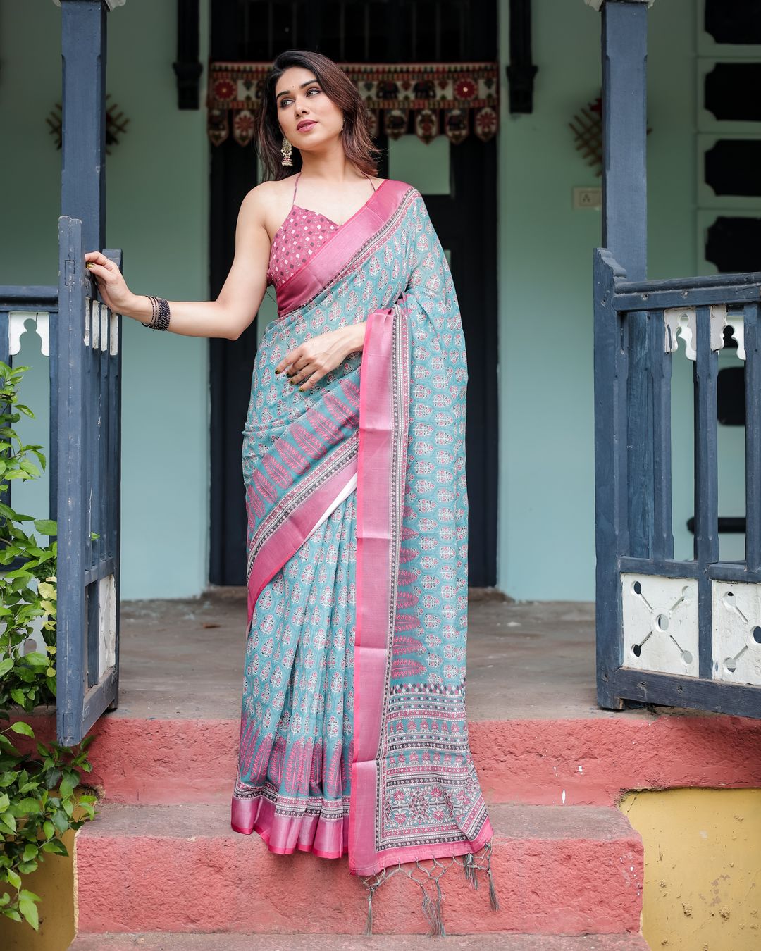 Shop Aqua Blue Floral Linen Cotton Saree with Printed Pallu