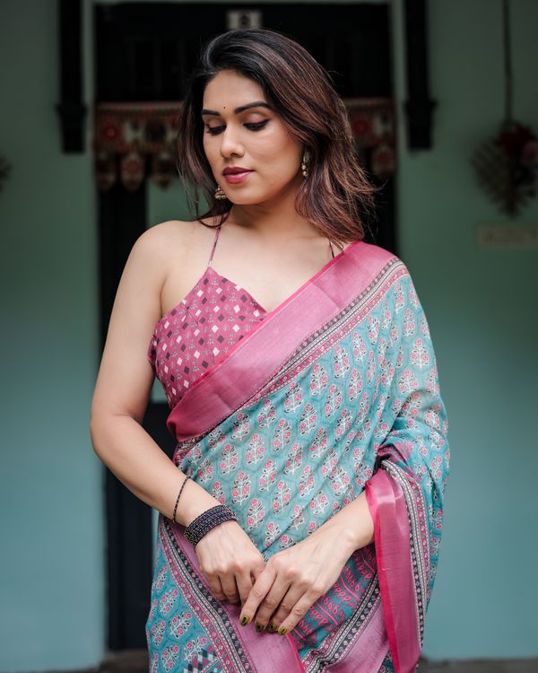 Shop Aqua Blue Floral Linen Cotton Saree with Printed Pallu
