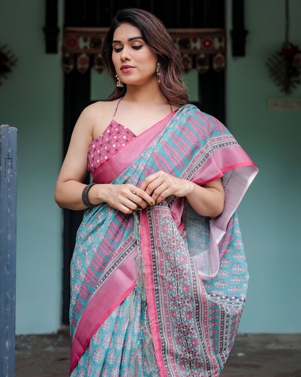 Shop Aqua Blue Floral Linen Cotton Saree with Printed Pallu