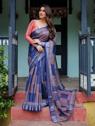 Navy Blue Printed Linen Cotton Saree for Women in India