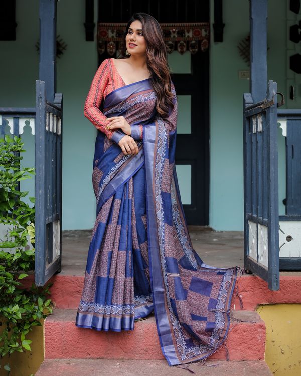 Navy Blue Printed Linen Cotton Saree for Women in India