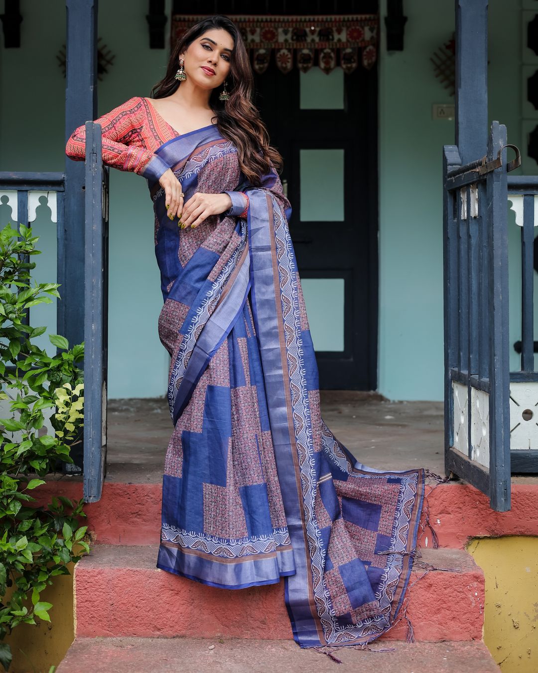 Navy Blue Printed Linen Cotton Saree for Women in India