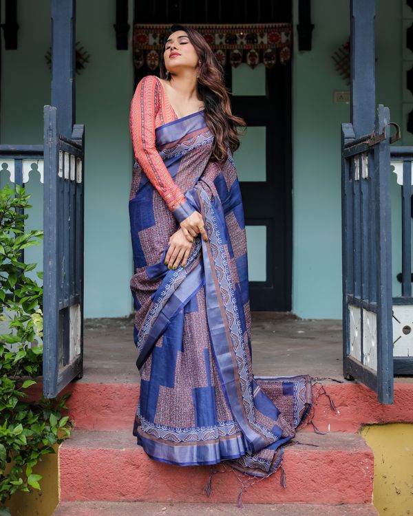 Navy Blue Printed Linen Cotton Saree for Women in India