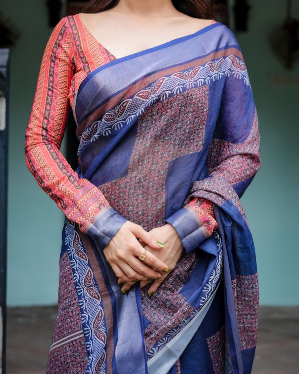 Navy Blue Printed Linen Cotton Saree for Women in India