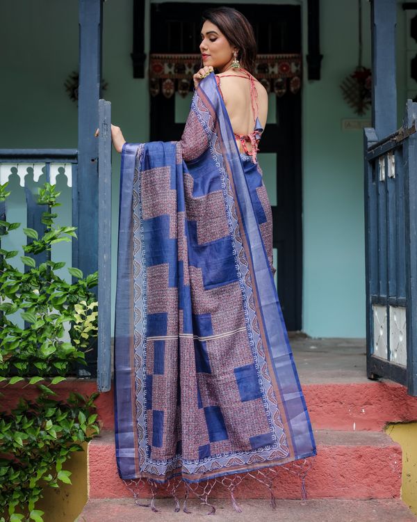 Navy Blue Printed Linen Cotton Saree for Women in India
