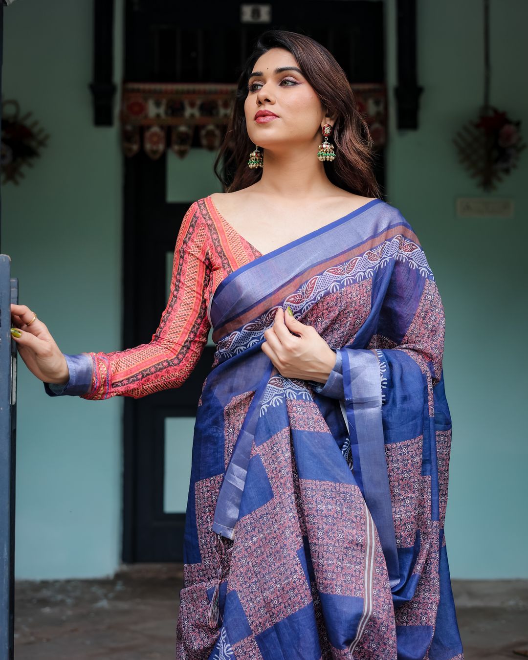 Navy Blue Printed Linen Cotton Saree for Women in India