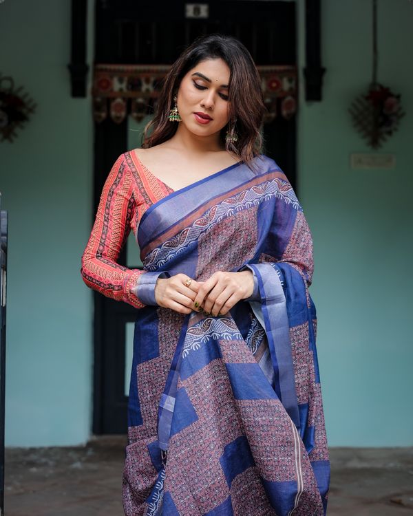Navy Blue Printed Linen Cotton Saree for Women in India