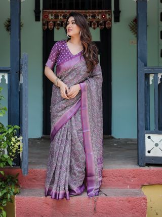 Purple Printed Linen Cotton Saree with Floral Border