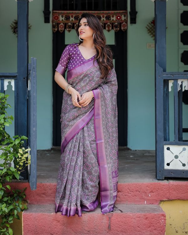 Purple Printed Linen Cotton Saree with Floral Border