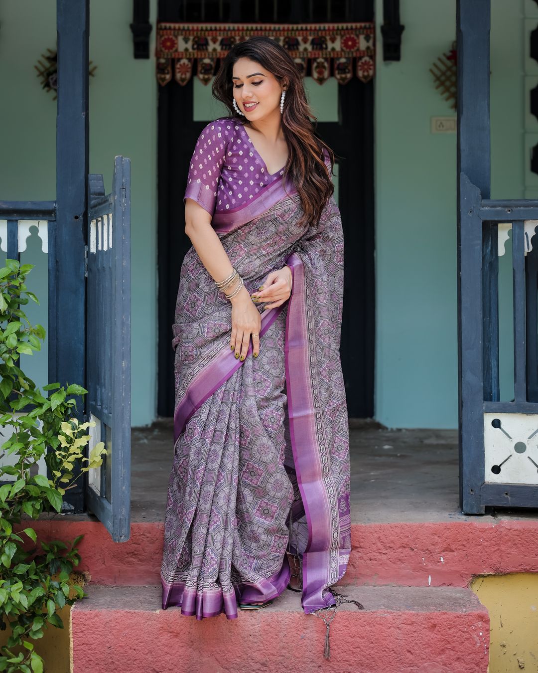 Purple Printed Linen Cotton Saree with Floral Border