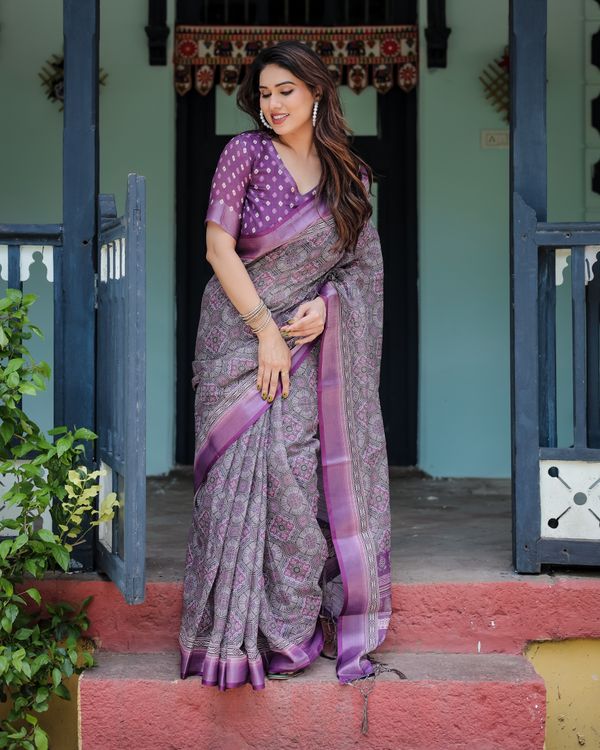 Purple Printed Linen Cotton Saree with Floral Border