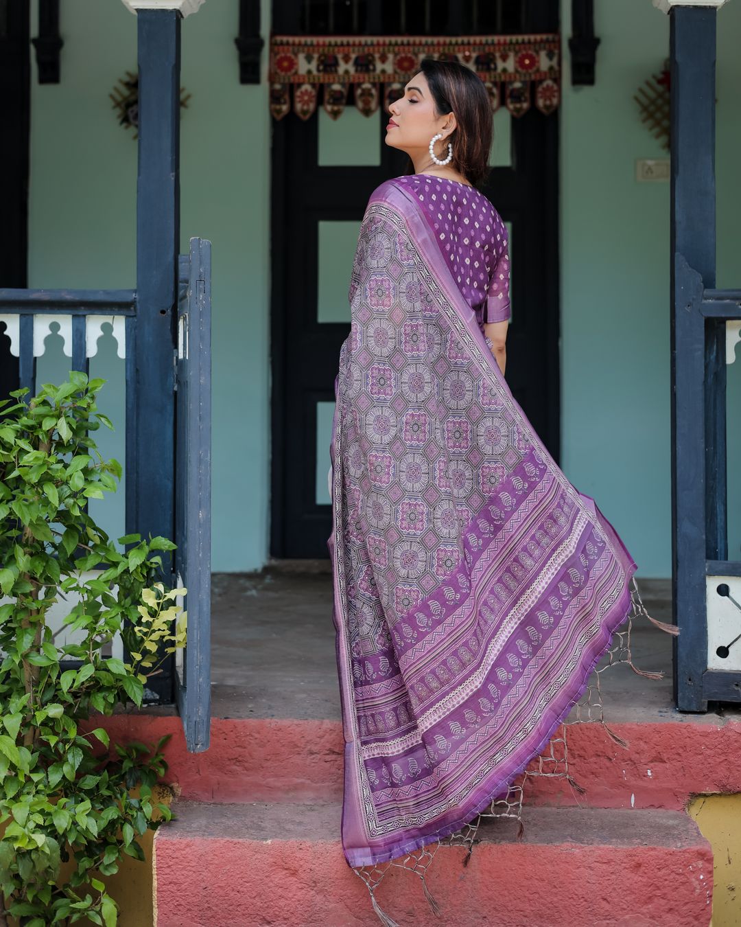 Purple Printed Linen Cotton Saree with Floral Border