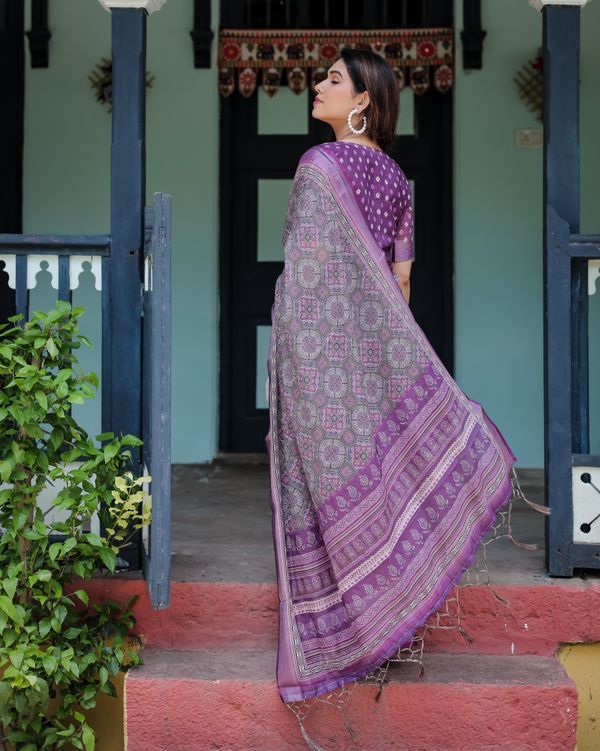 Purple Printed Linen Cotton Saree with Floral Border