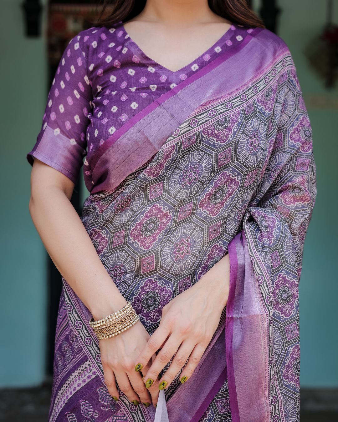 Purple Printed Linen Cotton Saree with Floral Border
