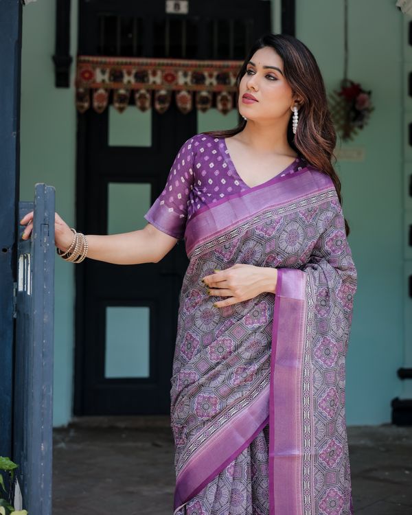 Purple Printed Linen Cotton Saree with Floral Border