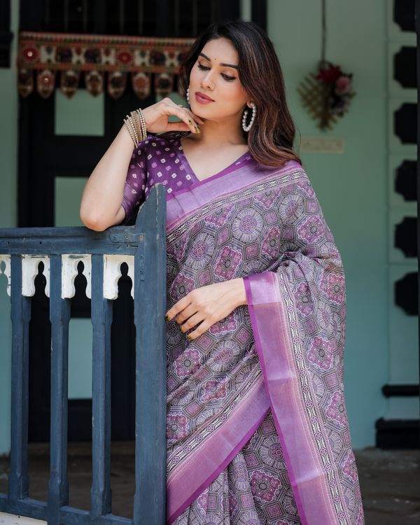 Purple Printed Linen Cotton Saree with Floral Border