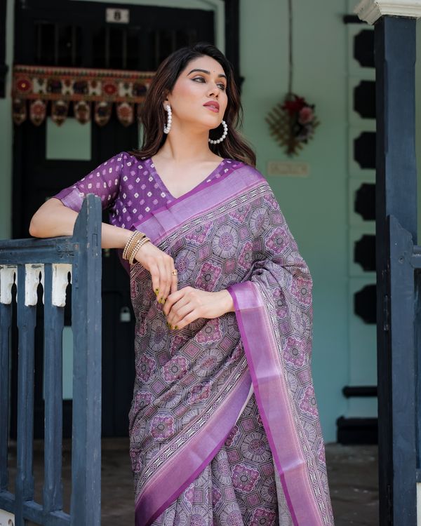 Purple Printed Linen Cotton Saree with Floral Border
