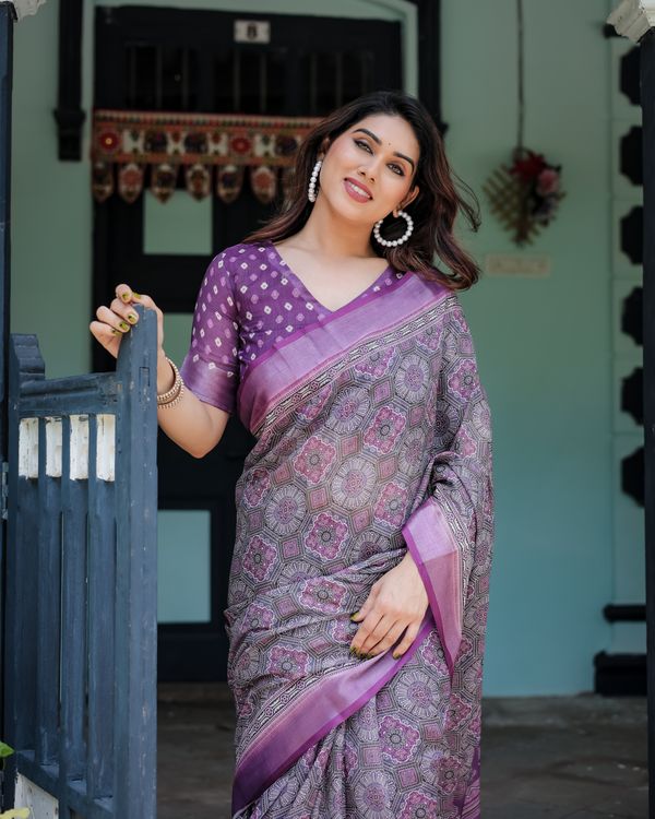 Purple Printed Linen Cotton Saree with Floral Border