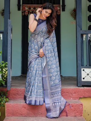 Blue Floral Linen Cotton Saree with Woven Border & Printed Blouse