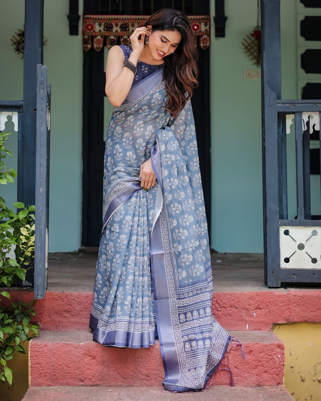 Blue Floral Linen Cotton Saree with Woven Border & Printed Blouse