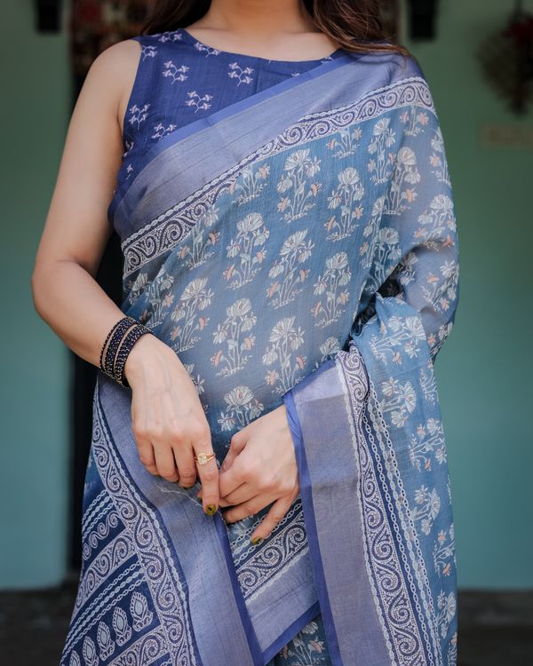 Blue Floral Linen Cotton Saree with Woven Border & Printed Blouse